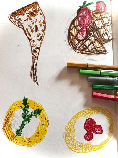 Pen drawing of foods with pens.