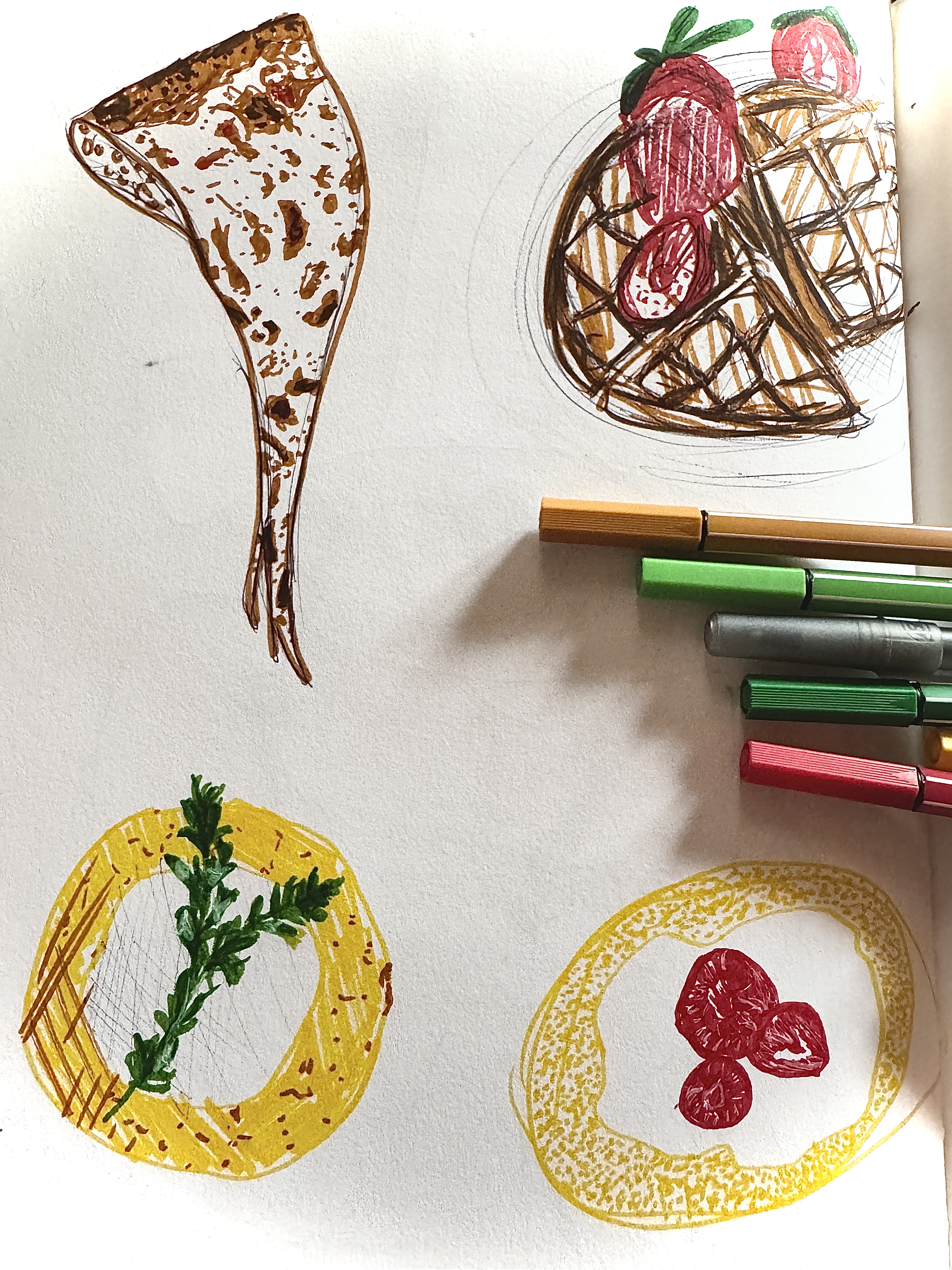 Pen drawing of foods with pens.